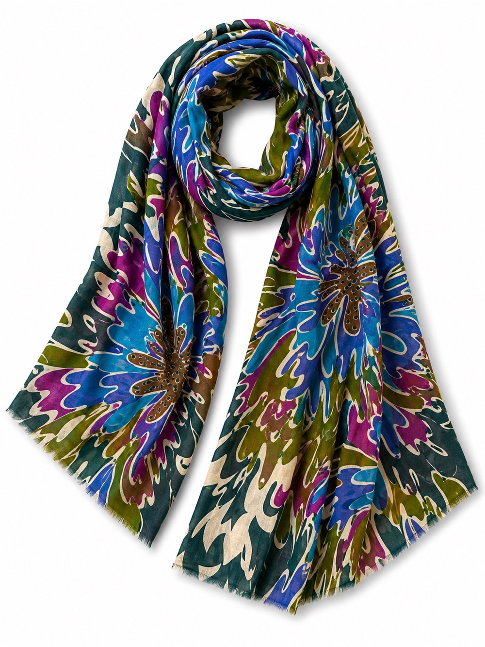 Floral Watercolor Lightweight Scarf in Blue, Green & Purple
